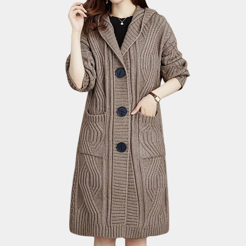 Damen Strickmantel beige, lang, mit Knöpfen, Taschen, Herbstmode, eleganter Stil.