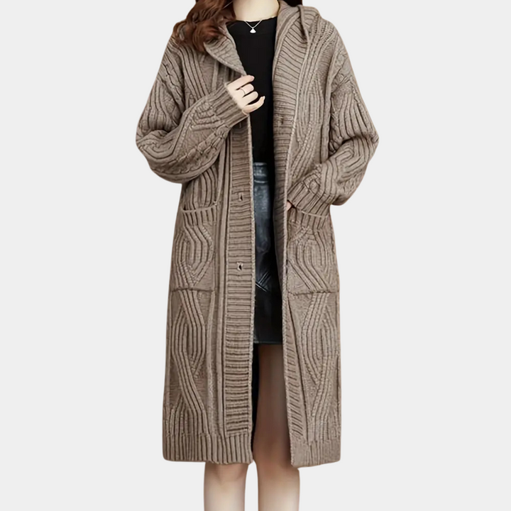 Damen Strickmantel beige, lang, Zopfmuster, modisch, warm, Herbst Winter, eleganter Stil.