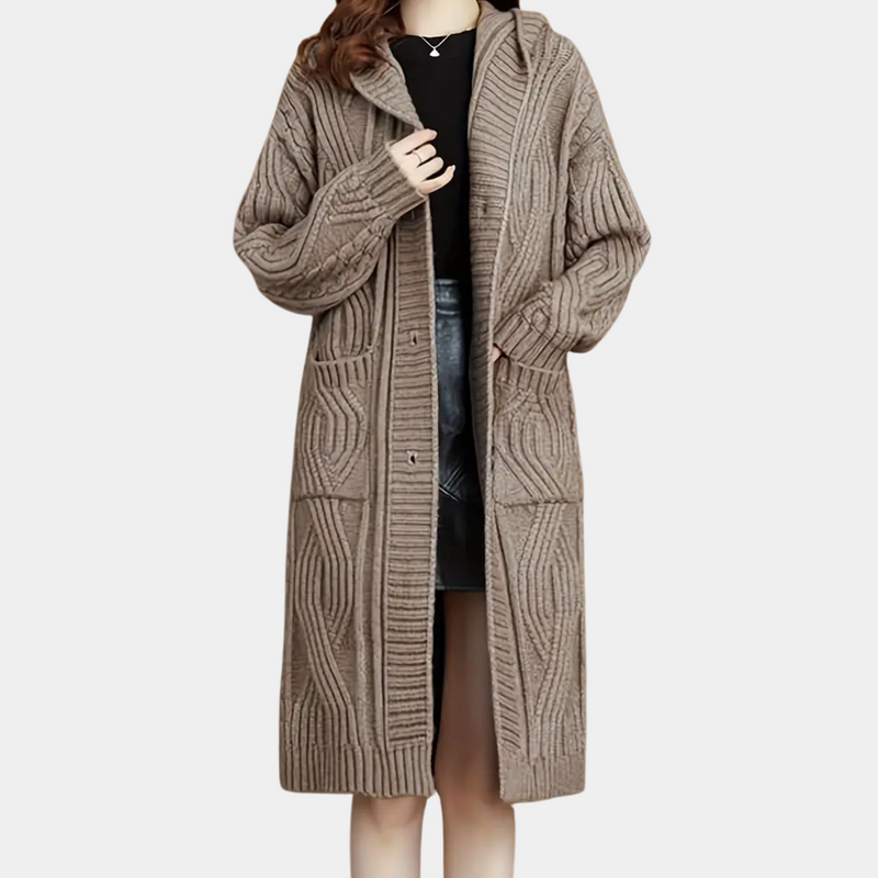 Damen Strickmantel beige, lang, Zopfmuster, modisch, warm, Herbst Winter, eleganter Stil.