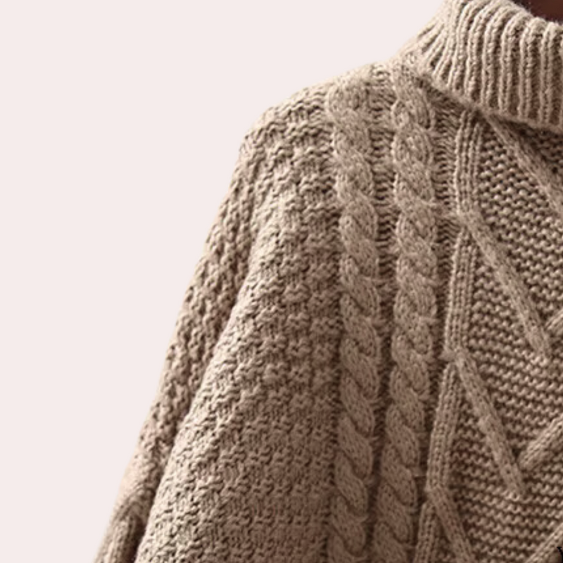 Beiger Strickpullover mit Zopfmuster, warm, gemütlich, Wintermode, Damenbekleidung.