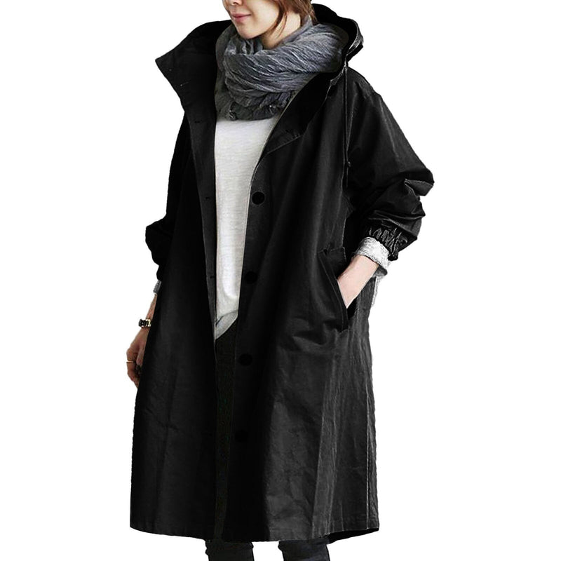 Damen Regenjacke schwarz, wasserdicht, lang, mit Kapuze, modisch, Outdoor-Bekleidung.