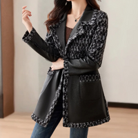 Damenmantel schwarz-grau, Tweed-Optik, Lederakzente, elegant, Herbstmode, stilvoll.