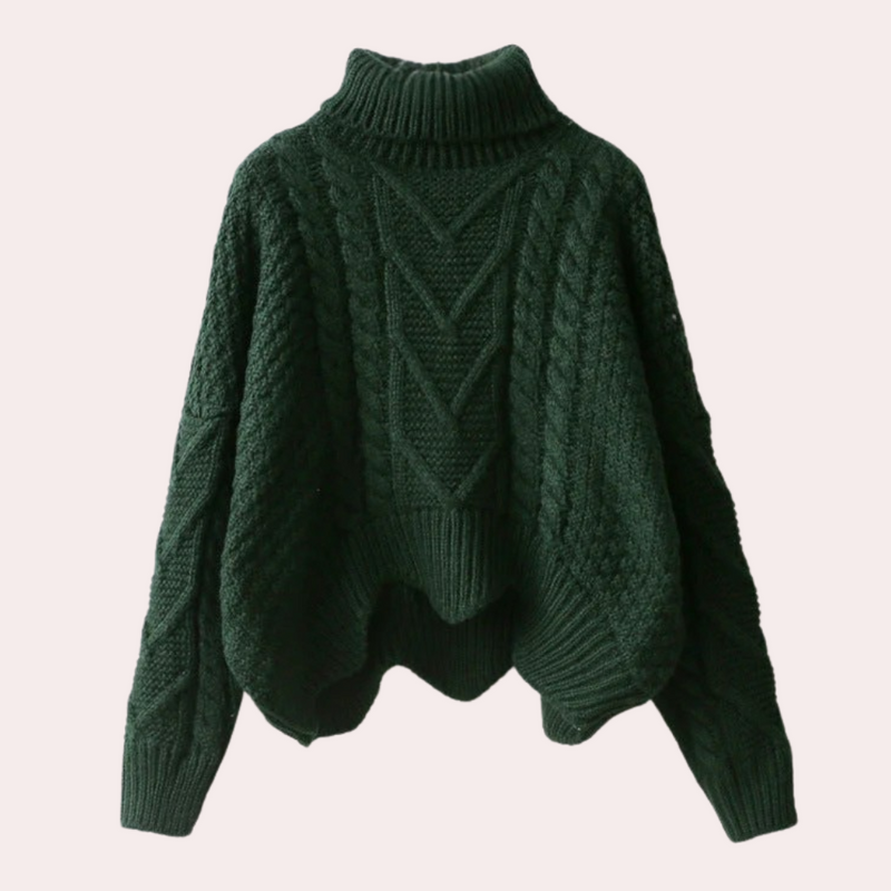 Dunkelgrüner Strickpullover mit Rollkragen, Zopfmuster, Damenmode, Winterkleidung.