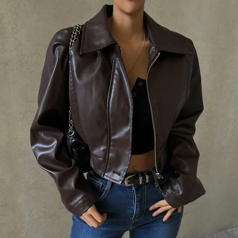 Brown PU leather women's summer jacket with lapel collar – Rivka