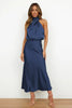 Stilvolles Abendkleid mit hohem Kragen aus Satin für Sommerevents – Elina