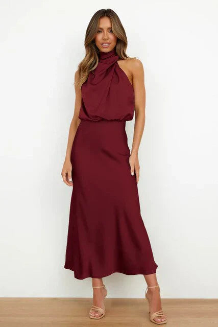 Stilvolles Abendkleid mit hohem Kragen aus Satin für Sommerevents – Elina