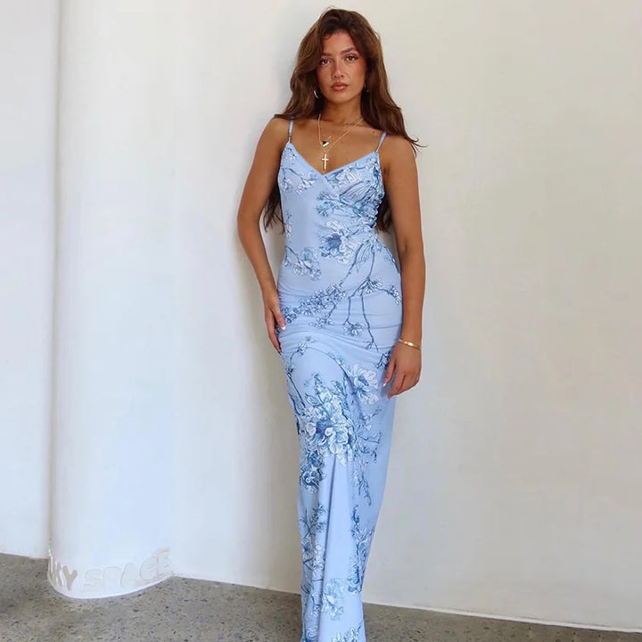 Florales Sommer-Maxikleid mit V-Ausschnitt und Spaghettiträgern - Alina