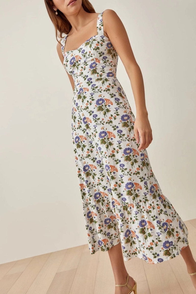 Printed Flowing Midi Dress with Straps – Norelle