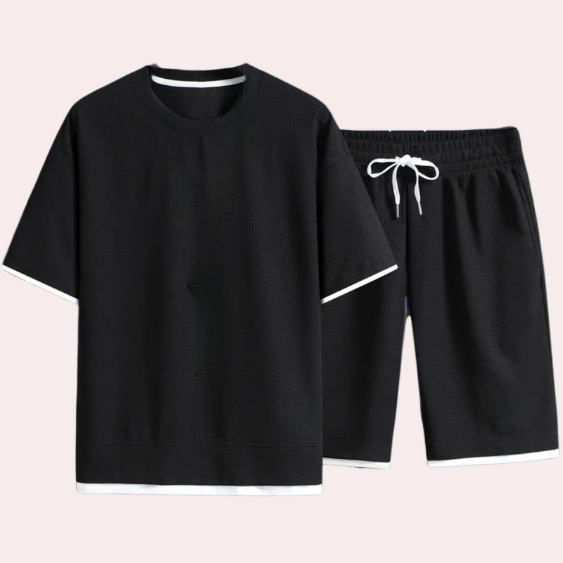Schwarzer Herren-Shorts-Set, Baumwolle, T-Shirt und Shorts, sportlich, bequem, Sommermode.