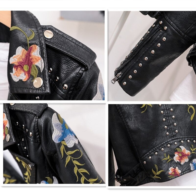 Bestickte Damen Kunstlederjacke im Bikerstil – Eleonora