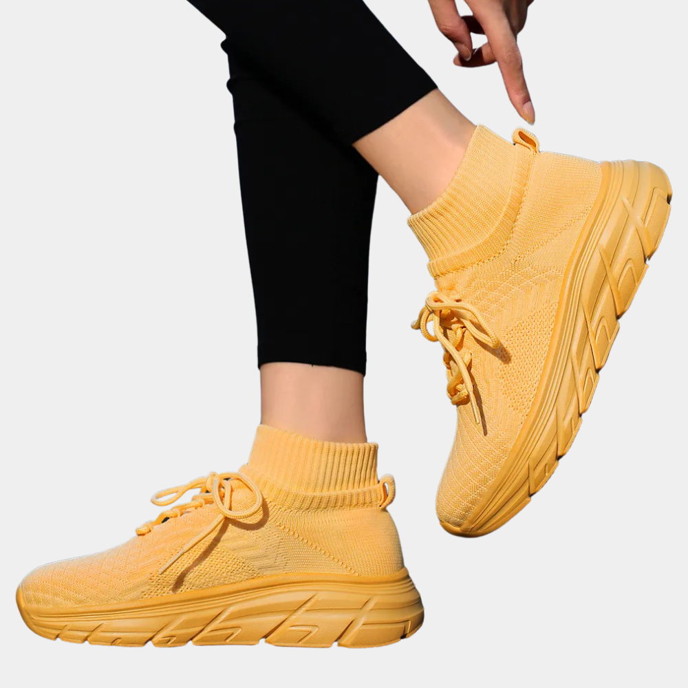 Gelbe Damen-Sneaker, atmungsaktiv, Strickmaterial, sportlich, bequem, modisch.