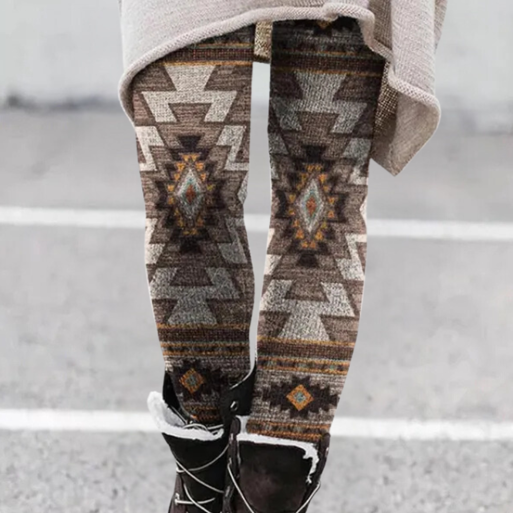 Damen-Leggings mit Ethno-Muster, braun-beige, warm, Wintermode, Streetstyle, Strickoptik.
