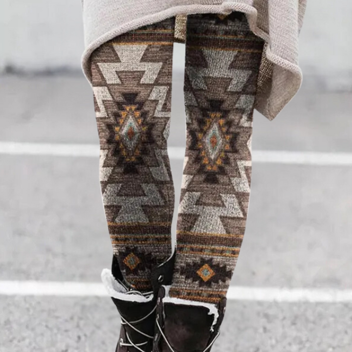 Damen-Leggings mit Ethno-Muster, braun-beige, warm, Wintermode, Streetstyle, Strickoptik.