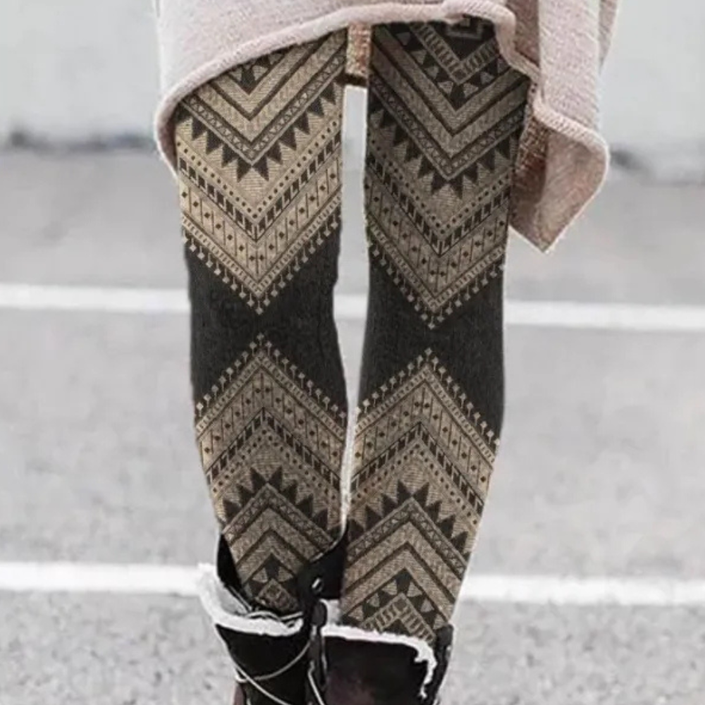 Damen-Leggings mit Ethno-Muster, schwarz-beige, warm, Wintermode, Streetstyle, bequem.