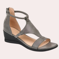 Graue Sandalette mit Keilabsatz, Leder, Damenmode, bequem, elegant, Sommerschuh.