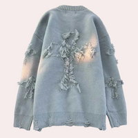 Grauer Strickpullover mit Fransen, Kreuzmuster, Unisex, modisch, lässig, Baumwolle.