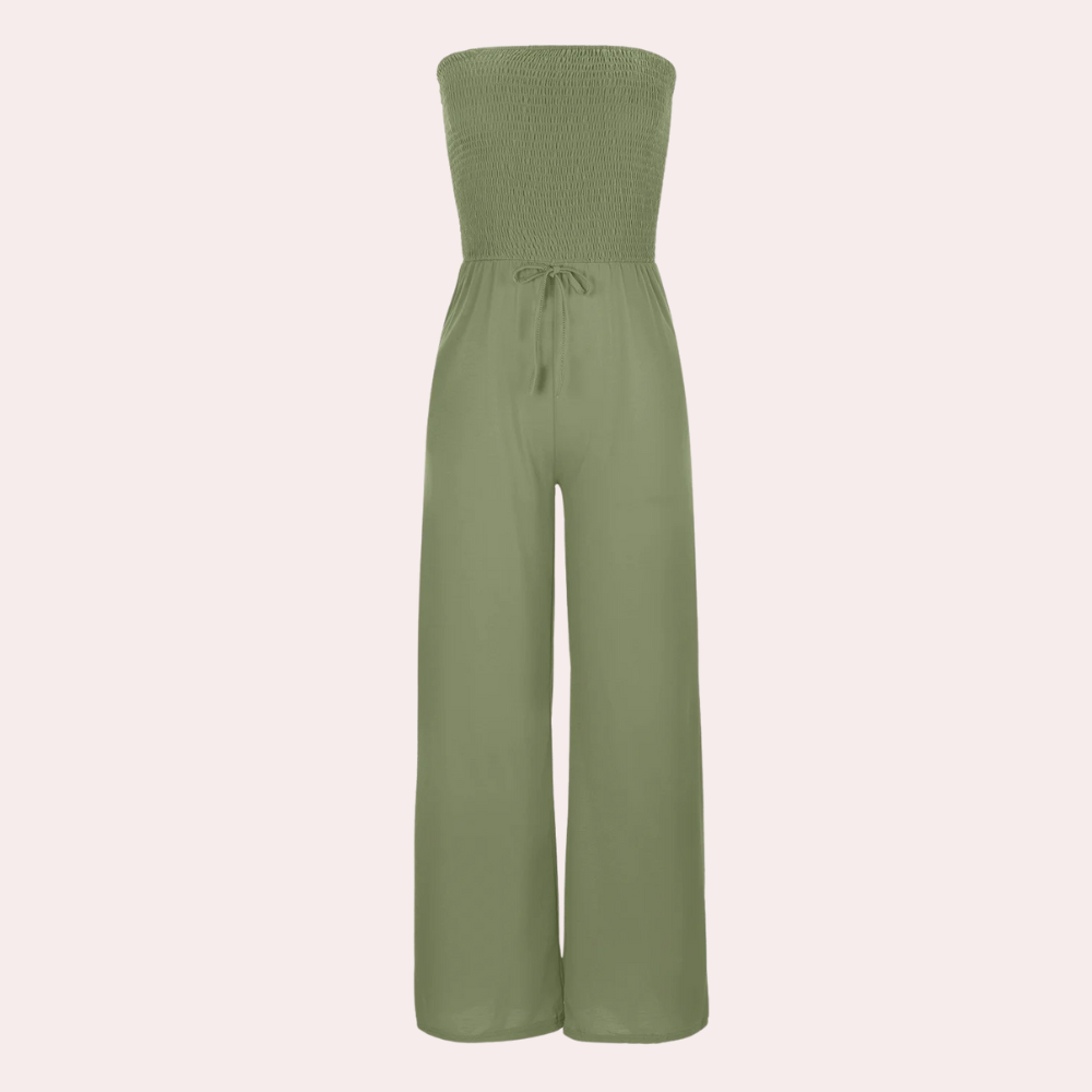 Grüner Damen-Jumpsuit, schulterfrei, elastisch, Sommermode, bequem, elegant.