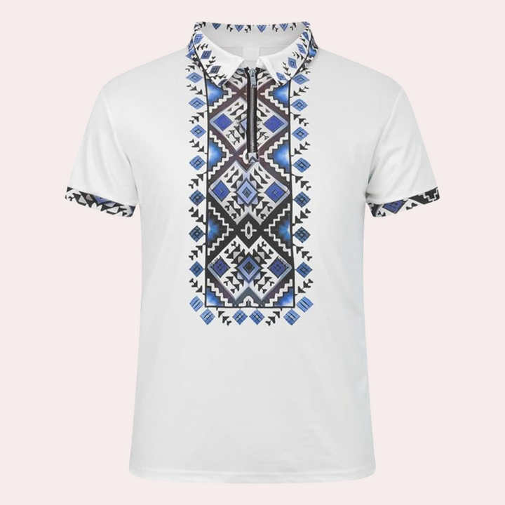 Weißes Herren-T-Shirt mit blau-schwarzem Aztekenmuster, Kurzarm, Baumwolle, modisch.