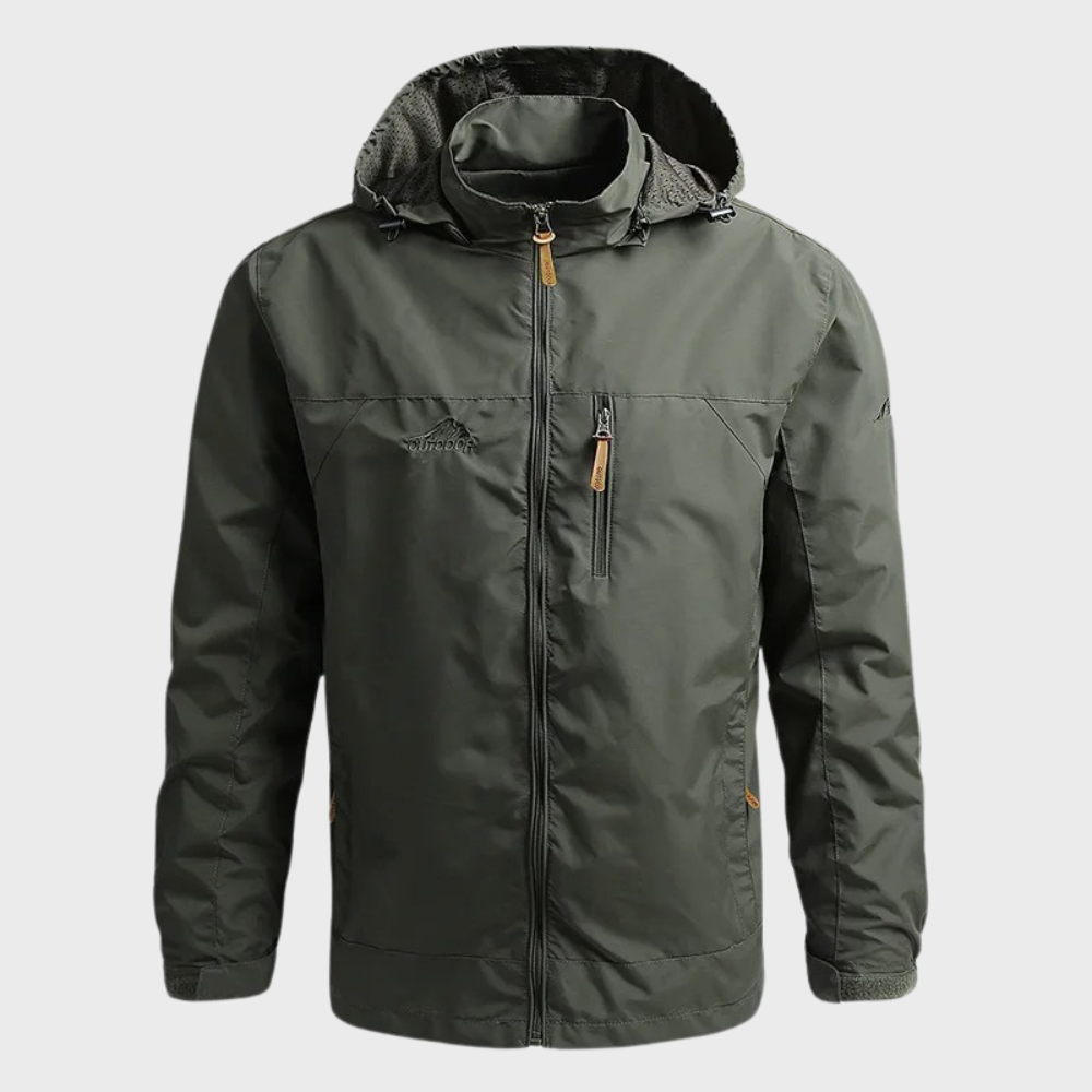 Armeegrüne Herrenjacke mit Kapuze, Reißverschluss, Outdoor-Design, wasserabweisend.