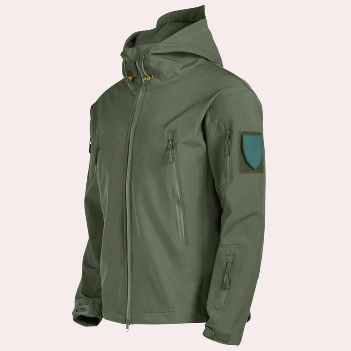 Armeegrüne Outdoor-Jacke mit Kapuze, Reißverschlusstaschen, taktisches Design, Herrenmode.