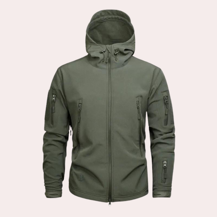 Armeegrüne Softshelljacke mit Kapuze, Reißverschlusstaschen, Outdoor-Bekleidung Herren.