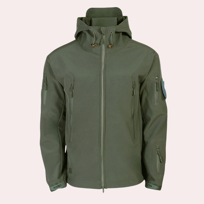 Armeegrüne Softshell-Jacke mit Kapuze, Reißverschlusstaschen, Outdoor-Bekleidung Herren.