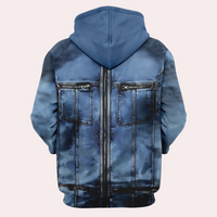 Blauer Kapuzenpullover mit Jeansjacken-Design, Reißverschlüssen und Taschen, Unisex-Mode.