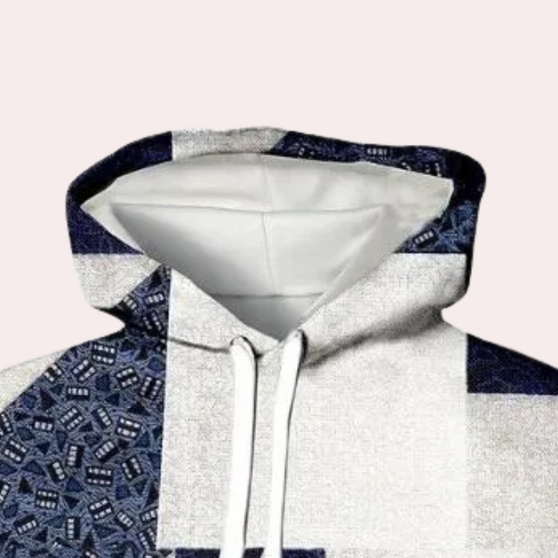 Blauer und weißer Kapuzenpullover mit geometrischem Muster, Baumwolle, Unisex-Mode.