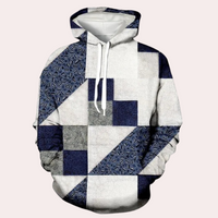 Patchwork-Hoodie in Blau und Weiß, geometrisches Muster, Unisex, Baumwolle, modisch, bequem.