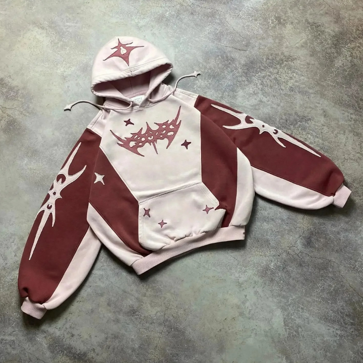 Rosa und brauner Hoodie mit Kapuze, grafischem Design, Streetwear, Baumwolle, Unisex.