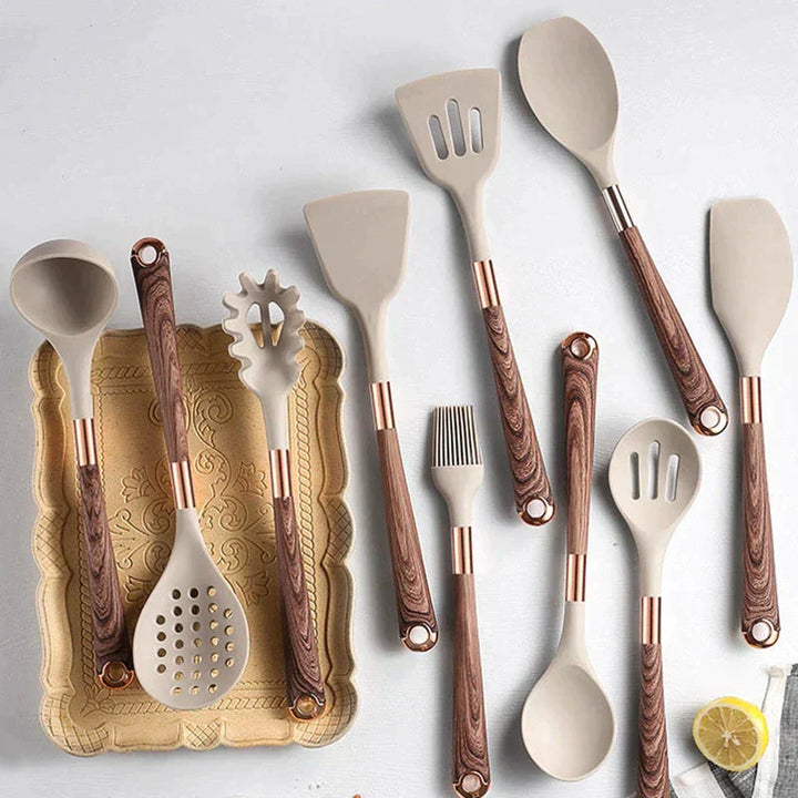 Küchenutensilien aus Lebensmittel-Silikon mit Holzgriff – KitchenElegance