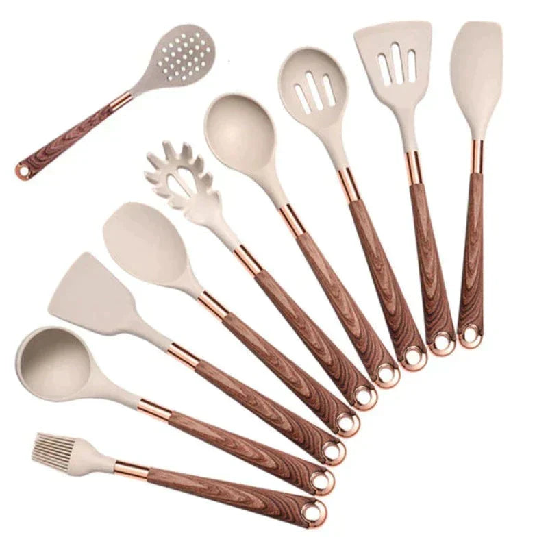 Küchenutensilien aus Lebensmittel-Silikon mit Holzgriff – KitchenElegance