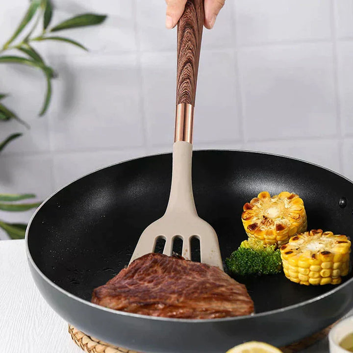 Küchenutensilien aus Lebensmittel-Silikon mit Holzgriff – KitchenElegance