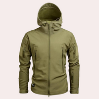 Khaki Softshell-Jacke mit Kapuze, Reißverschlusstaschen, Outdoor-Bekleidung, Herrenmode.