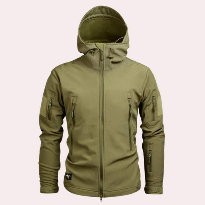 Khaki Softshell-Jacke mit Kapuze, Reißverschlusstaschen, Outdoor-Bekleidung, Herrenmode.