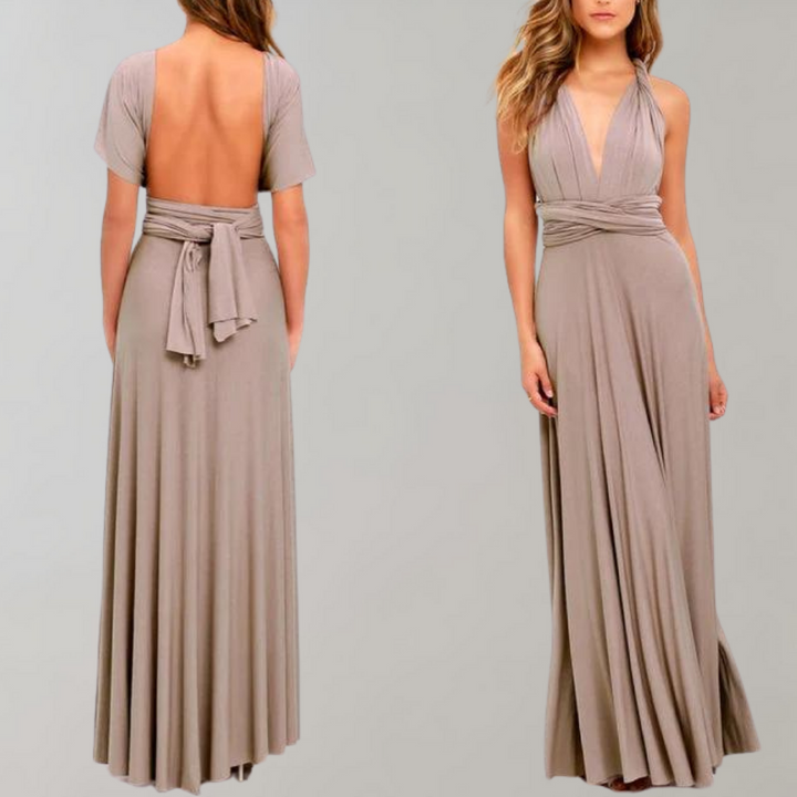 Damen Wickelkleid Khaki, festlich, ärmellos, V-Ausschnitt, Rückenfrei, lang, elegant.