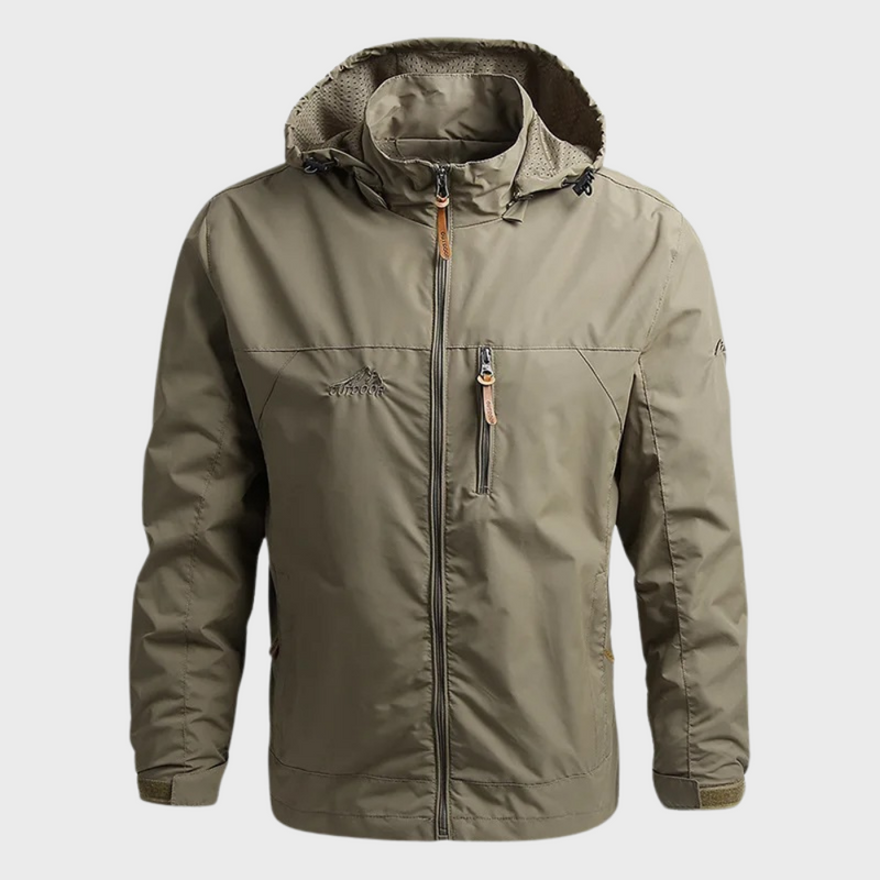 Khaki Herrenjacke mit Kapuze, Reißverschluss, Outdoor, wasserabweisend, atmungsaktiv.