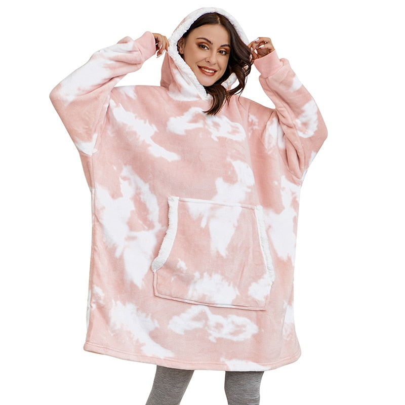 Flauschiger rosa Hoodie-Decke, Damen, Kängurutasche, Kapuze, gemütlich, Übergröße.