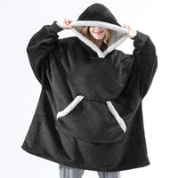 Flauschiger schwarzer Hoodie-Decke mit Kapuze, Kängurutasche, Unisex, gemütlich, warm.