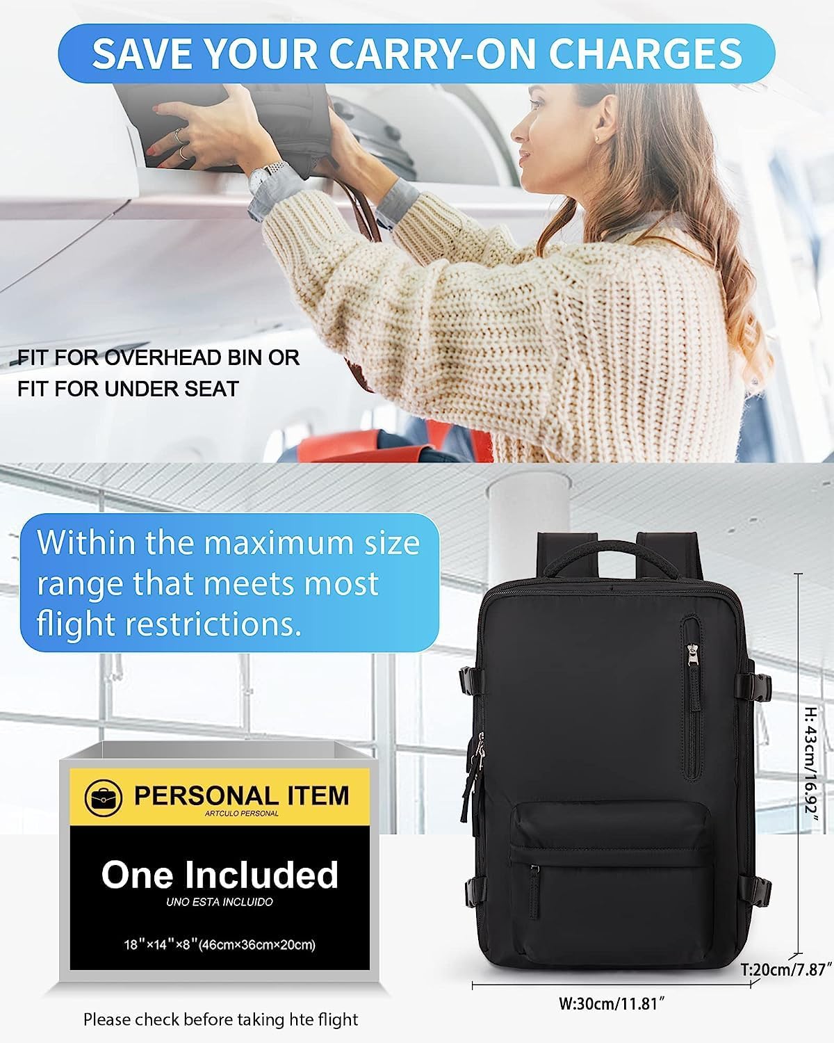 40L Wasserdichter Reiserucksack mit Schuhfach und USB-Anschluss – Geeignet für 14”-Laptops