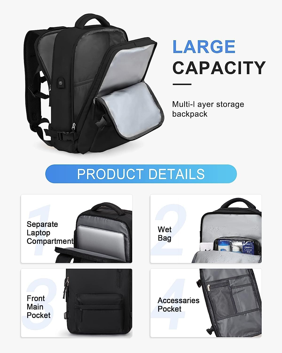 40L Wasserdichter Reiserucksack mit Schuhfach und USB-Anschluss – Geeignet für 14”-Laptops