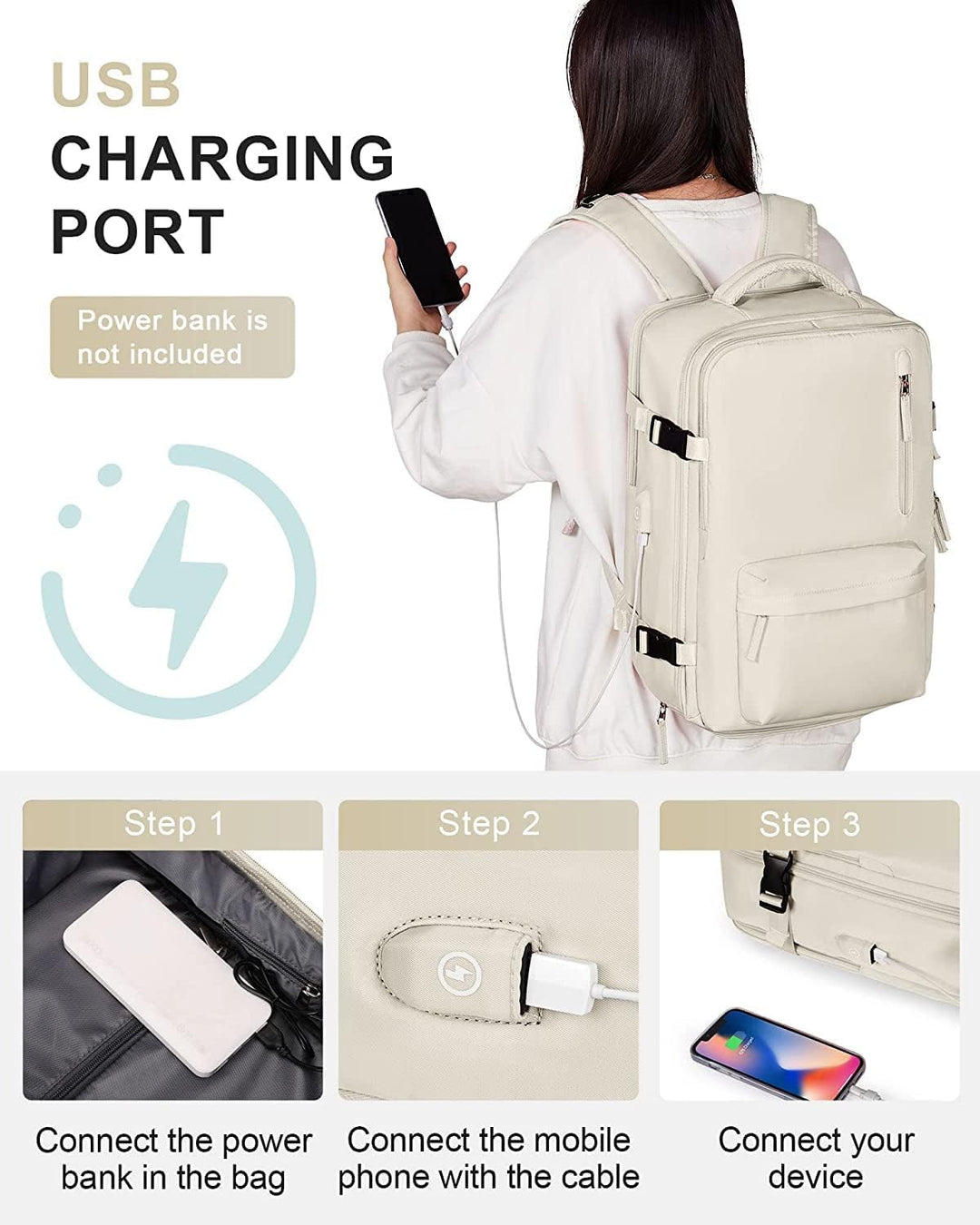 40L Wasserdichter Reiserucksack mit Schuhfach und USB-Anschluss – Geeignet für 14”-Laptops