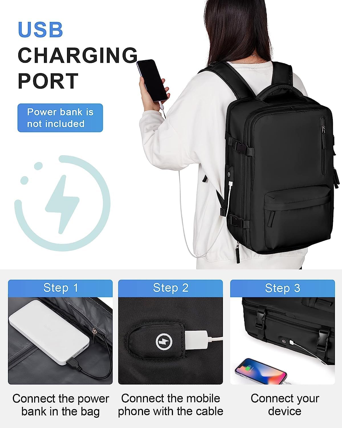 40L Wasserdichter Reiserucksack mit Schuhfach und USB-Anschluss – Geeignet für 14”-Laptops