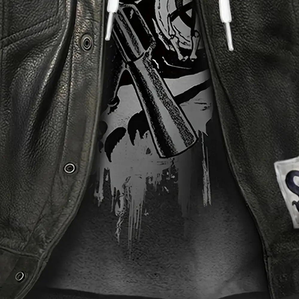 Schwarze Lederjacke mit Totenkopf-Design, Reißverschluss, Herrenmode, Biker-Stil.