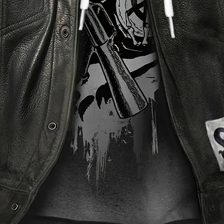 Schwarze Lederjacke mit Totenkopf-Design, Reißverschluss, Herrenmode, Biker-Stil.