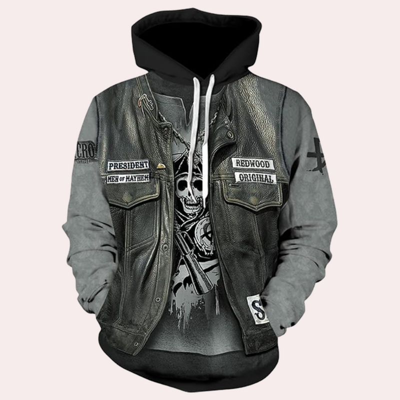 Schwarzer Hoodie mit Lederweste-Design, Totenkopf-Motiv, Biker-Stil, Herrenmode.