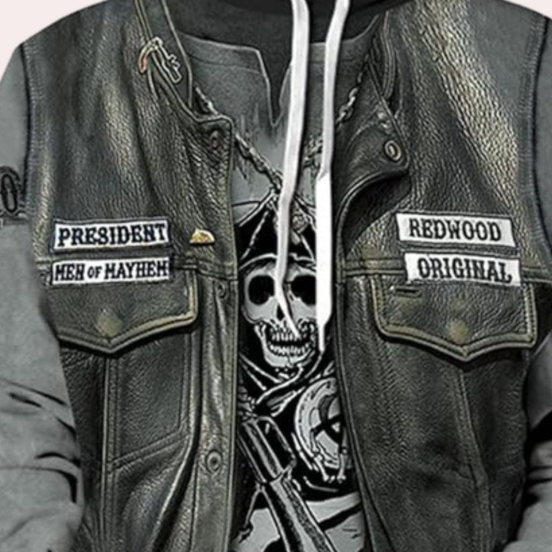 Lederweste mit Aufnähern "President", "Men of Mayhem", "Redwood Original", Totenkopf-Design.
