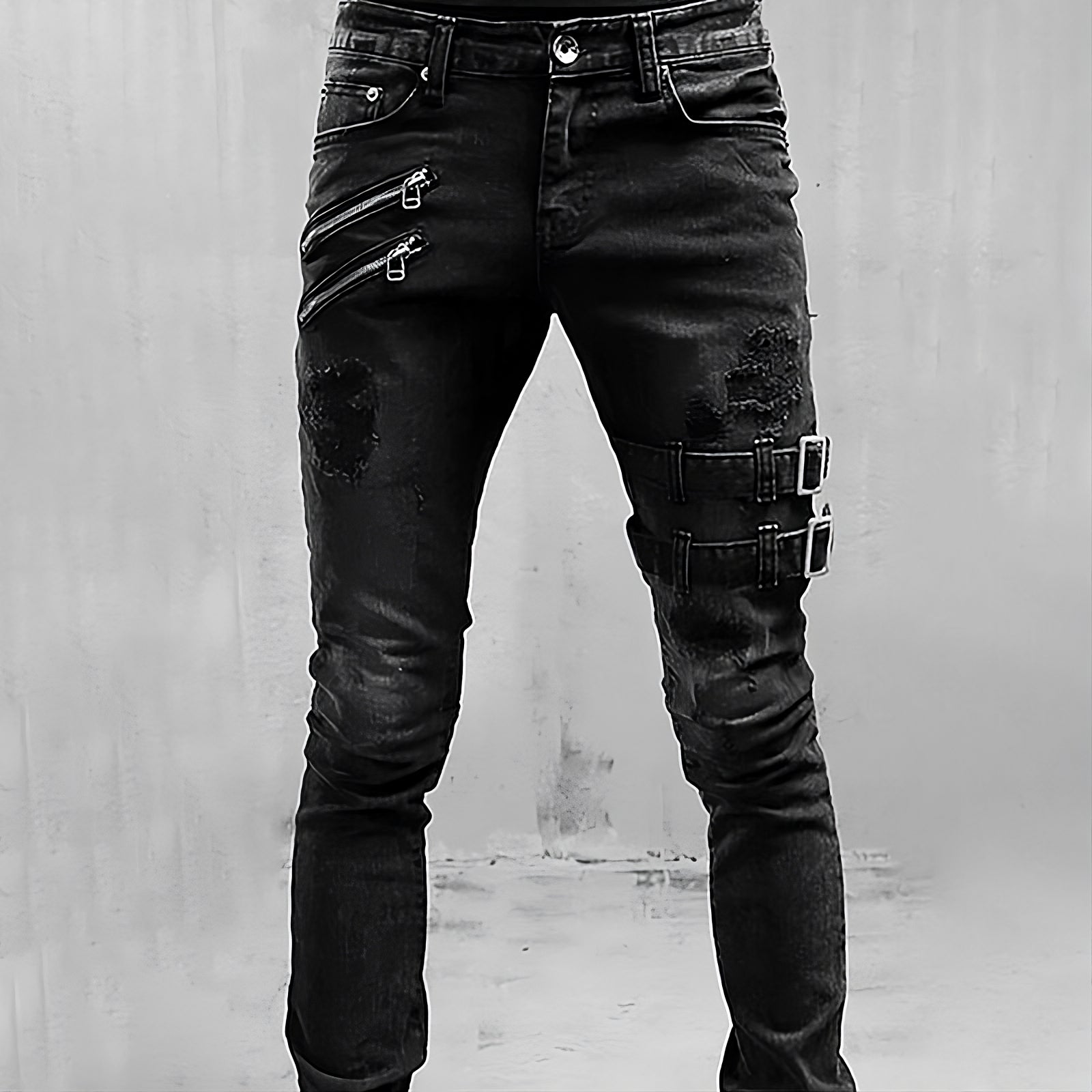 Herren Denim Jeans mit Schnallen und Reißverschlüssen - TitanEdge