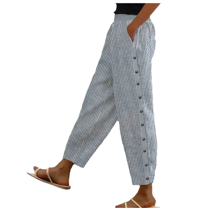 Gestreifte High-Waist Damen Hose mit Zierknöpfen – Florence
