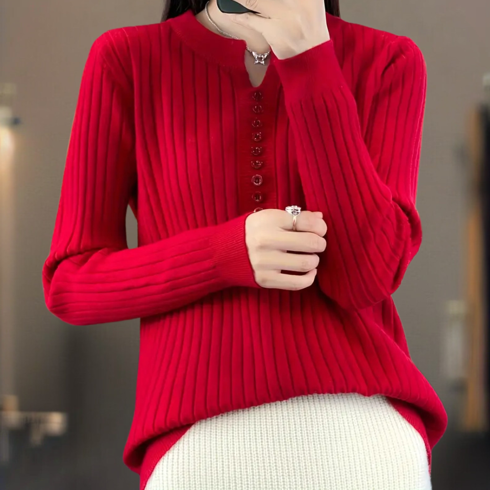 Roter Damenpullover mit Knopfleiste, Strickmuster, langärmelig, modisch, elegant.